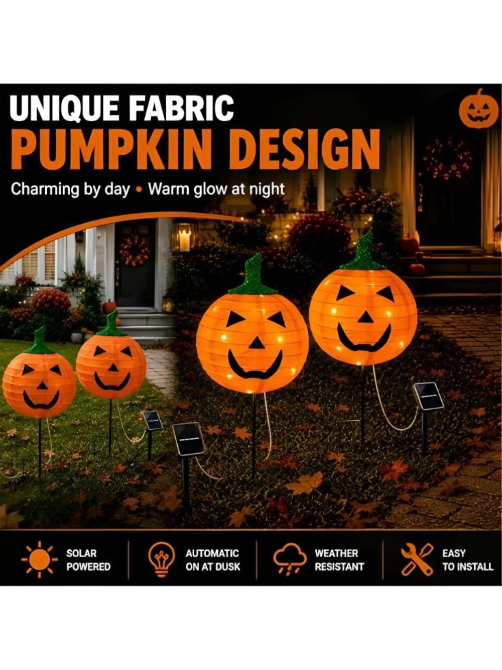 2Pack Solar Halloween Pumpkin Stake Light with 8 Lighting Modes, Fabric Lantern